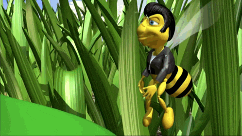a cartoon of a bee wearing a black jacket and black pants