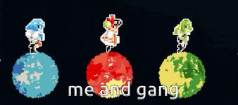 a pixel art image with the words me and gang at the top
