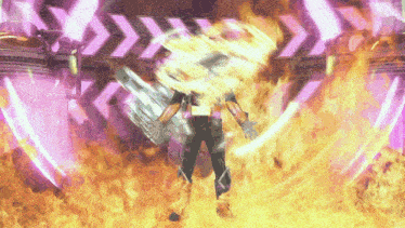 a video game character is surrounded by flames