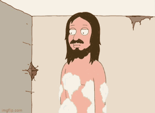 a cartoon man with a beard is taking a shower .