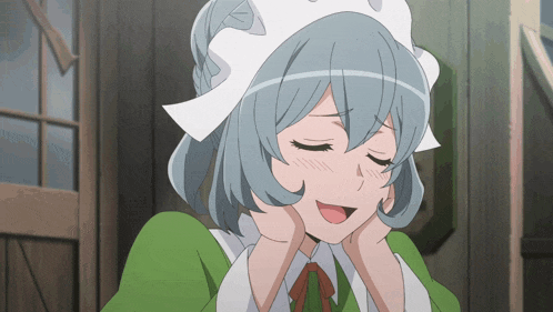 a girl with blue hair is wearing a white hat and green shirt