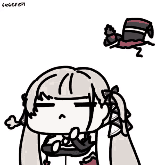 a cartoon drawing of a girl with pigtails and a bird in a top hat flying over her head .