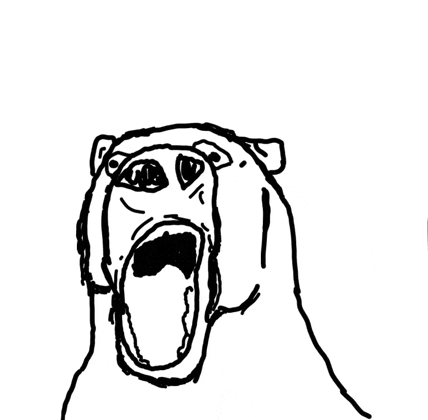 a black and white drawing of a bear with its mouth open