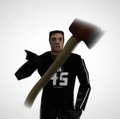a man in a black shirt with the number 15 on it holds a large axe