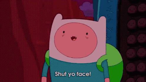 a cartoon character says " shut yo face " in front of a wall of faces