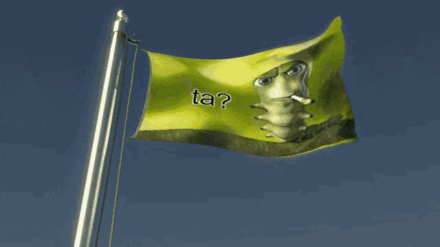 a flag with a picture of shrek smoking a cigarette and the words ta on it