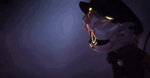 a cartoon character with glowing eyes and a hat is standing in the dark