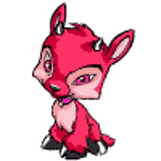 a cartoon drawing of a red goat with its eyes closed and a purple collar .