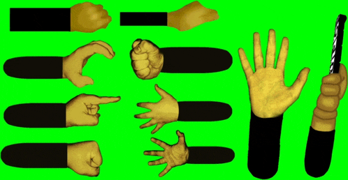 a bunch of hands on a green screen including a fist