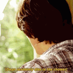 a man in a plaid shirt is leaning against a wall and saying dean randomly dies in the shower .