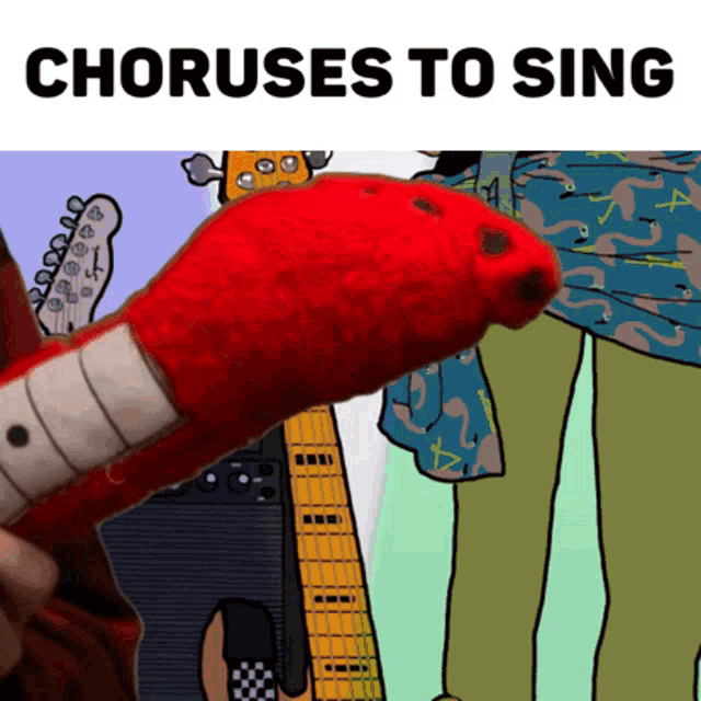 a poster that says choruses to sing with a red puppet in the foreground
