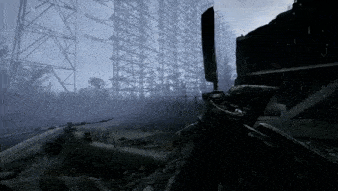 a person is standing in front of a very tall building in a dark forest .