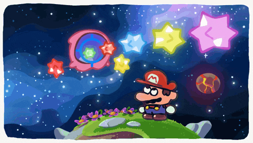 a cartoon drawing of mario standing in front of a starry night sky