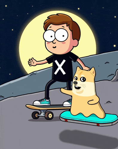 a cartoon boy with an x on his shirt is riding a skateboard with a doge on it