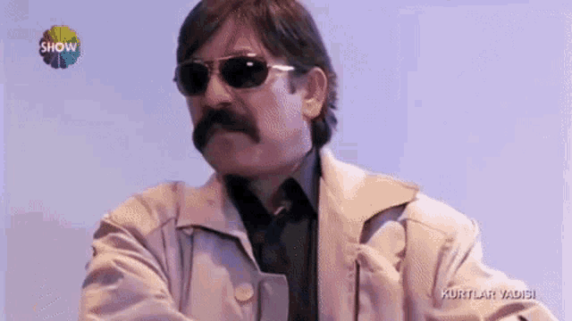 a man with a mustache and sunglasses is standing in front of a sign that says show .