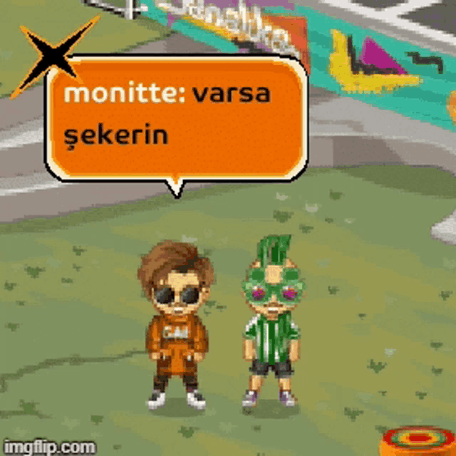 two cartoon characters are standing next to each other with a speech bubble that says monitte varsa şekerin
