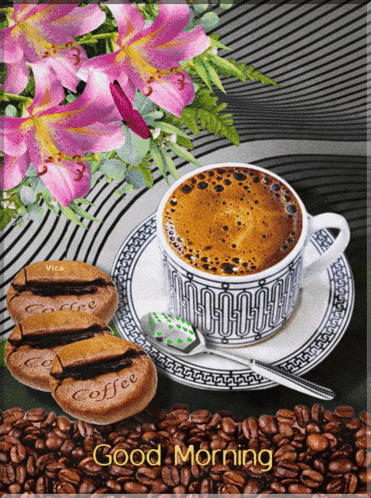a cup of coffee sits on a saucer next to coffee beans and cookies
