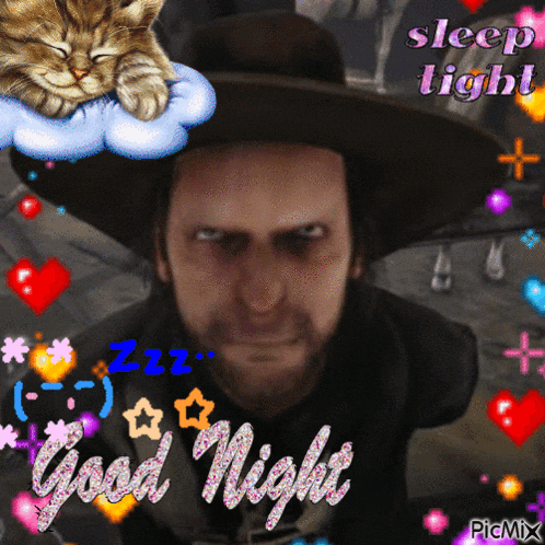 a picture of a man in a hat with a cat sleeping on a cloud and the words sleep tight