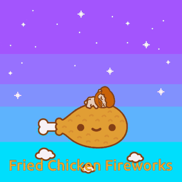 a cartoon of a fried chicken with the words fried chicken fireworks written below it