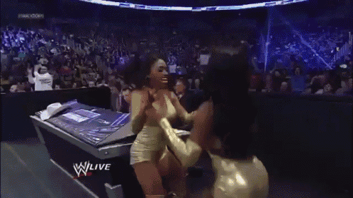 a couple of women are standing next to each other in front of a crowd .