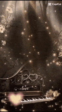 a piano is sitting in the middle of a dark forest with flowers .