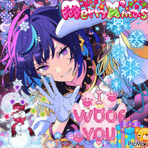 a girl with purple hair is holding a sign that says i love woof you