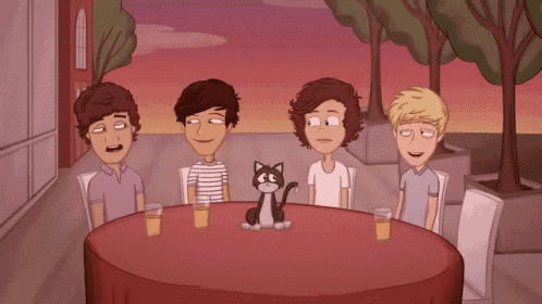 a cartoon of a group of people sitting around a table with a cat
