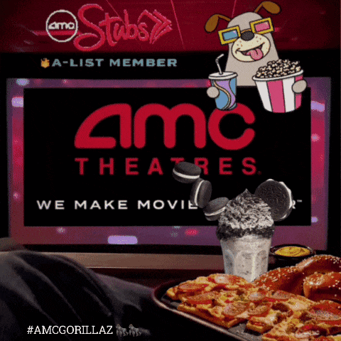 an advertisement for amc theatres shows a dog wearing 3d glasses and a tray of food