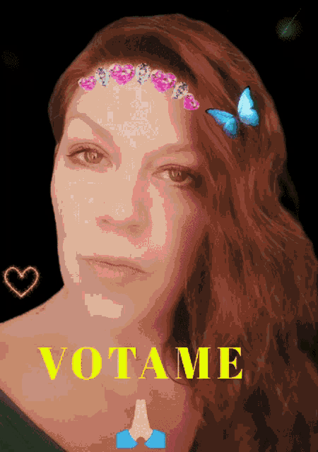 a woman with flowers in her hair and the word votame on the bottom