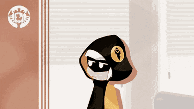 a cartoon character wearing a mask and a hood with a yellow arrow on it