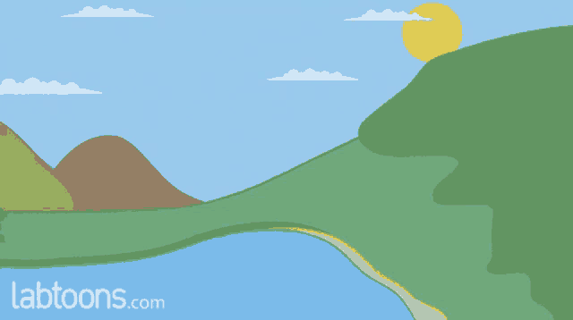 a cartoon of a lake with mountains in the background and labtoons.com written on the bottom