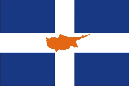 a blue white and orange flag with a map of cyprus in the center