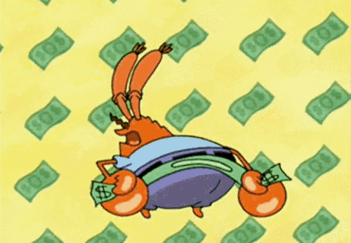 a cartoon of a crab holding a bag of money in front of a pattern of money .