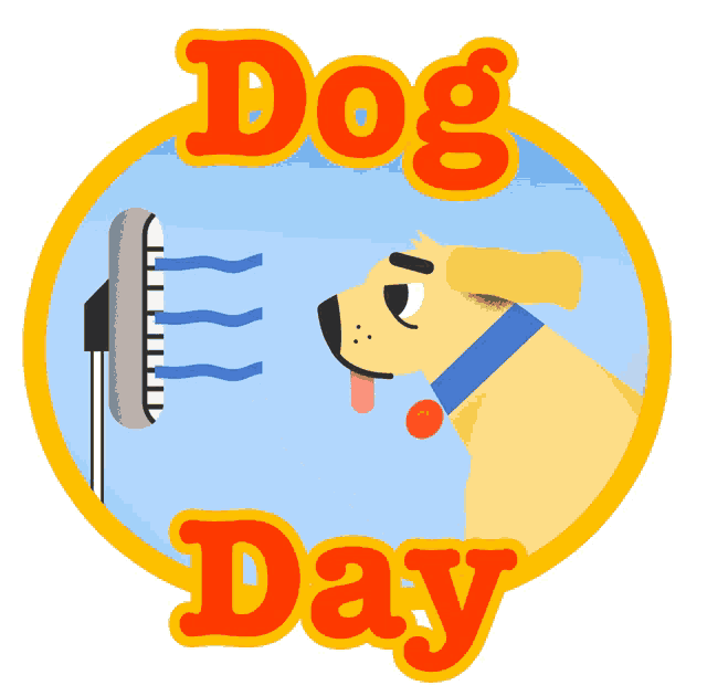 a dog is looking at a fan with the words dog day above it