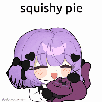 a girl with purple hair is holding a purple cat and the words squishy pie are above her