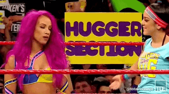 two women are standing in a wrestling ring holding a sign that says hugger .