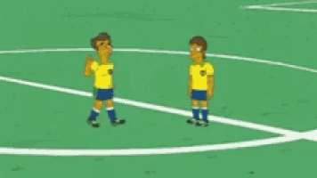two cartoon soccer players are standing on a field
