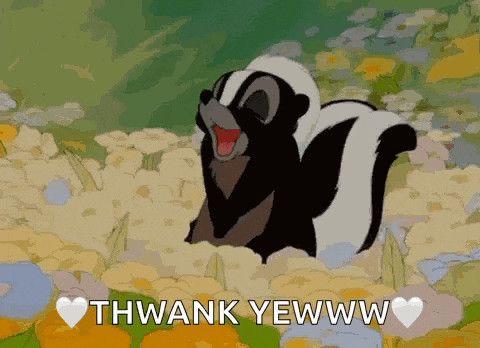 a cartoon skunk is standing in a field of flowers and says thwank ywww .