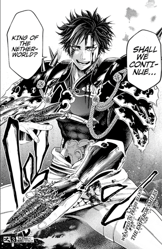 a man in a kimono is holding a sword and says king of the nether world shall we continue