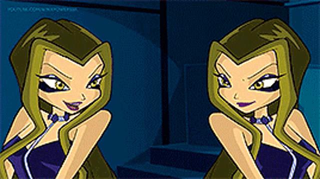 two cartoon girls are sitting next to each other in a dark room ..