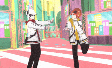 two anime characters standing next to each other on a pink and white striped floor