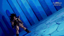 a cartoon character is standing in a room with a blue wall .