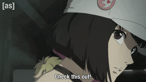 a girl in a white hat says " check this out "
