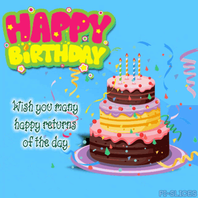 a happy birthday card with a cake and confetti