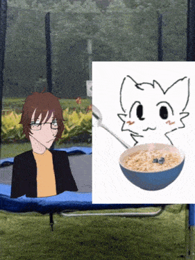 a boy is sitting on a trampoline next to a bowl of cereal with a cat on it