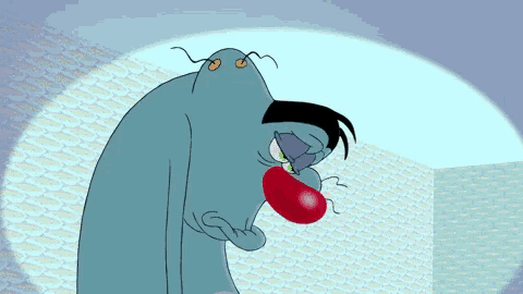a cartoon character with a red nose is being pointed at