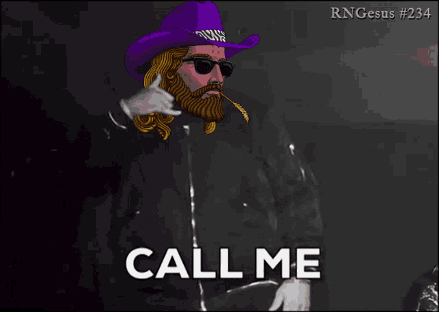 a man with a beard is wearing sunglasses and a purple hat and says call me