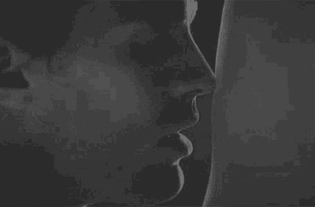 a close up of a man and woman kissing in a black and white photo .