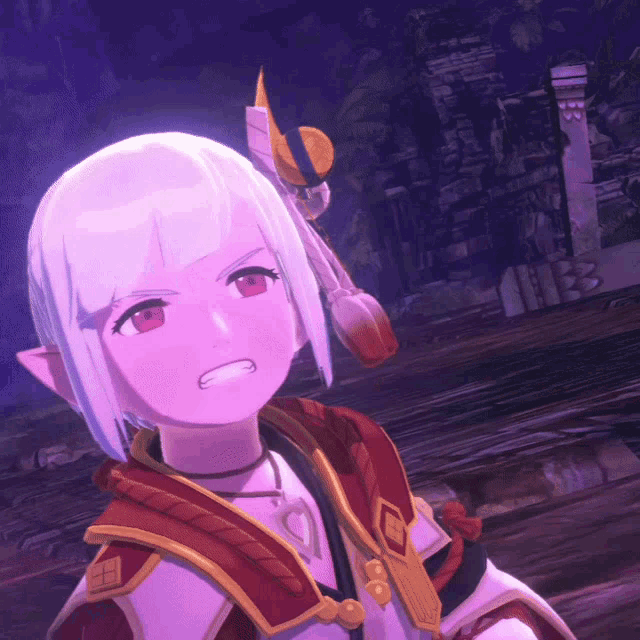 a cartoon character with white hair and red eyes has a necklace around her neck