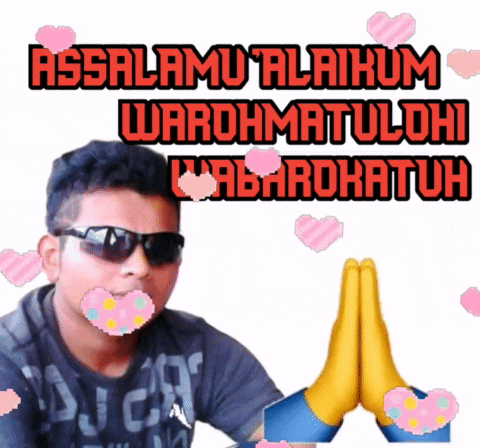 a man wearing sunglasses is surrounded by hearts and the words assalamu ' alaikum